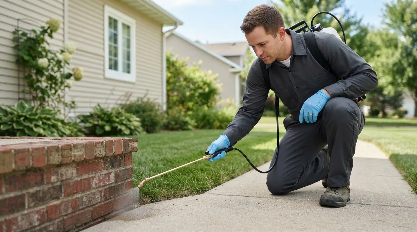 Pest control technician treating a home near Pocasset, MA